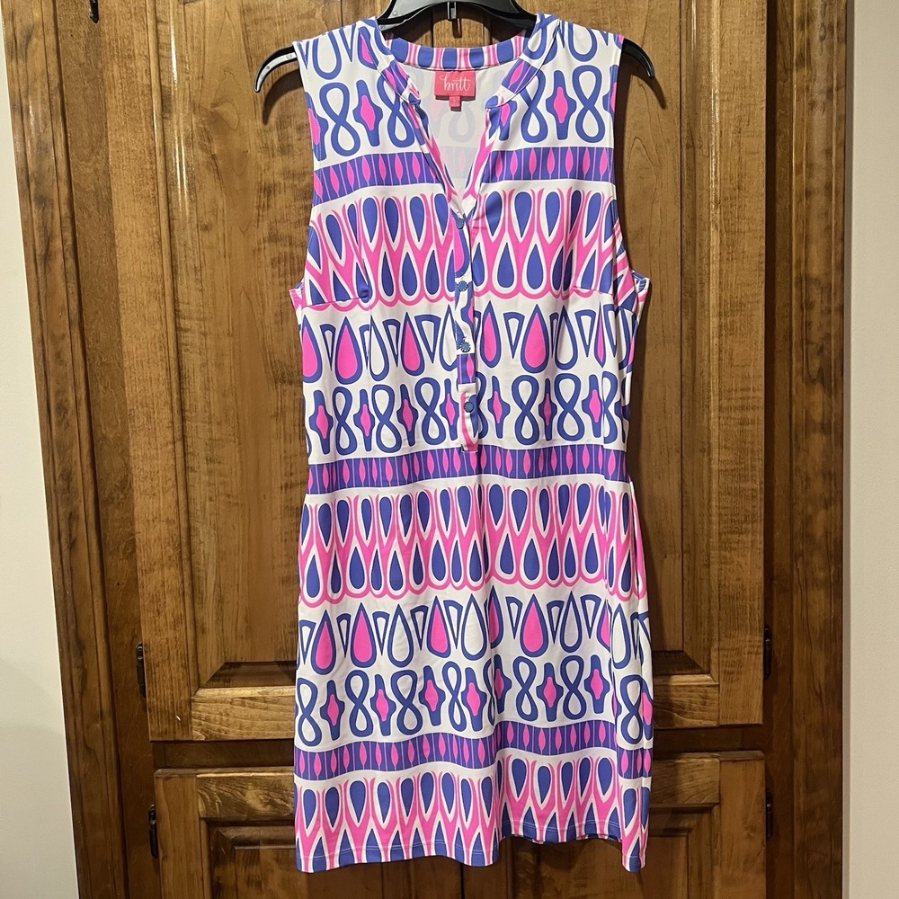 Britt By Britt Ryan Dress Sleeveless V Neck  Stretch Sheath‎ Blue Pink Large